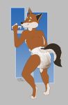  5_fingers canine character_request clothed clothing diaper digitigrade dog drooling feces humanoid_hands looking_back male mammal messy_diaper rear_view saliva scat signature simple_background smallcircles soiling solo standing topless 