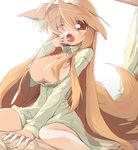  animal_ears bad_id bad_pixiv_id breasts breasts_outside endou_chihiro fox_ears fox_tail highres kuu_(endou_chihiro) large_breasts long_hair looking_at_viewer naked_shirt one_eye_closed open_mouth original red_eyes shirt solo tail thighs yawning 