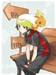  bench between_legs black_hair fingerless_gloves gen_3_pokemon gloves green_eyes hand_between_legs hat male_focus nagase_(tegaki) pokemon pokemon_(creature) pokemon_(game) pokemon_emerald pokemon_rse signpost sitting tegaki torchic yellow_eyes yuuki_(pokemon) 