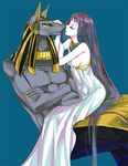  1girl anput anubis bangs black_hair blunt_bangs breasts claws closed_eyes dress egyptian egyptian_mythology eyeliner furry husband_and_wife jewelry long_hair makeup muscle mythology necklace nipples original small_breasts syaxxx very_long_hair wolf 