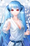  aile_(crossroads) belt blue_hair breasts cleavage collarbone dougi large_breasts long_hair looking_at_viewer lowres luthica_preventer red_eyes shiny shiny_skin smile solo sword_girls twintails very_long_hair 