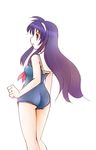  jason_(kaiten_kussaku_kikou) long_hair lyrical_nanoha mahou_shoujo_lyrical_nanoha one-piece_swimsuit purple_hair simple_background smile solo swimsuit tsukimura_suzuka very_long_hair white_background 