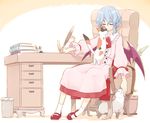  alternate_costume animal bat_wings blue_hair book cat chair closed_eyes cup drawer long_sleeves mary_janes puffy_sleeves quill remilia_scarlet sakuraba_yuuki shoes short_hair sitting smile solo table touhou trash_can wings 
