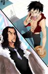  2boys 3boys bird black_hair enies_lobby formal hat hat_off hat_removed hattori_(one_piece) headwear_removed k-el-p male male_focus monkey_d_luffy multiple_boys necktie one_piece open_clothes open_vest pigeon red_vest rob_lucci roronoa_zoro scar sheathed_sword shoulder_perch standing straw_hat vest 