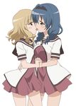  blonde_hair blue_hair braid breasts eye_contact french_kiss furutani_himawari hairband holding_hands interlocked_fingers kiss looking_at_another medium_breasts multiple_girls nanamori_school_uniform oomuro_sakurako school_uniform serafuku shirakawa_mayumi simple_background tongue tongue_out twin_braids white_background yuri yuru_yuri 