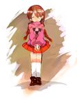  braid brown_hair closed_eyes kneehighs knife madotsuki md5_mismatch pink_shirt shirt skirt solo tegaki twin_braids twintails weapon yume_nikki 