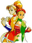  90s artist_request back-to-back blonde_hair cammy_white capcom clenched_hands fighting_stance final_fight fingerless_gloves genryuusai_maki gloves green_leotard ikeno_daigo japanese_clothes leotard long_hair lowres multiple_girls official_art ponytail scar street_fighter street_fighter_iv_(series) thong_leotard vambraces 