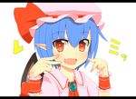 bad_id bad_pixiv_id bat_wings blue_hair fang hat hat_ribbon jewelry mantarou_(shiawase_no_aoi_tori) open_mouth pointy_ears red_eyes remilia_scarlet ribbon solo touhou v white_background wings wrist_cuffs 