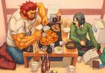  bad_id bad_pixiv_id beard black_eyes black_hair bottle cooking facial_hair fate/zero fate_(series) food highres male_focus multiple_boys no_shoes okonomiyaki red_eyes red_hair rider_(fate/zero) shirt t-shirt waver_velvet yuutairui_(sukima_sangyou) 