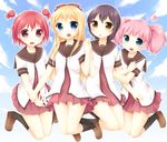  :o akaza_akari black_hair black_legwear blonde_hair bow double_bun funami_yui hazuki_(sutasuta) heart holding_hands jumping long_hair multiple_girls nanamori_school_uniform pink_hair red_hair school_uniform serafuku short_hair sweatdrop toshinou_kyouko twintails uniform yoshikawa_chinatsu yuru_yuri 