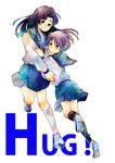  asakura_ryouko black_hair blue_eyes brown_eyes hoshira_hagi hug kita_high_school_uniform long_hair multiple_girls nagato_yuki school_uniform serafuku shoes short_hair silver_hair suzumiya_haruhi_no_yuuutsu uwabaki 