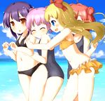  ^_^ ahoge akaza_akari bare_shoulders beach bikini black_hair blonde_hair blue_eyes bow brown_eyes closed_eyes cloud collarbone day faubynet funami_yui hair_bobbles hair_bow hair_bun hair_intakes hair_ornament hidden_face highres md5_mismatch multiple_girls navel one-piece_swimsuit open_mouth outdoors pink_hair red_hair sky smile swimsuit toshinou_kyouko twintails water yoshikawa_chinatsu yuru_yuri 