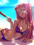  arm_support bad_id bad_pixiv_id beach bikini breasts cleavage dappled_sunlight green_eyes hot_dog lens_flare long_hair lying meo navel on_side one_side_up original pink_hair side-tie_bikini small_breasts solo sunlight swimsuit tongue tongue_out 