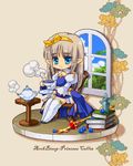  archbishop bad_id bad_pixiv_id beige_background blue_eyes book book_stack boots bottle brown_hair chair chibi cup faux_figurine gem nanakichi pointy_ears ragnarok_online rod simple_background sitting staff steam table teacup teapot thigh_boots thighhighs window 