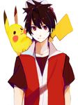  baseball_cap black_hair gen_1_pokemon hat male_focus panko pikachu pokemon pokemon_(creature) pokemon_special red_(pokemon) red_eyes simple_background smile tegaki vest white_background 