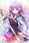  cherry_blossoms endos expressionless flower frilled_skirt frills half_updo holding jacket japanese_clothes kimono lolita_fashion long_hair lowres petals pintail pleated_skirt purple_eyes purple_hair sheath skirt solo sword sword_girls wa_lolita weapon 
