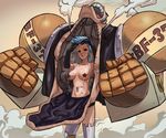  1girl blue_hair breasts cleavage cyborg elbow_gloves female franky genderswap gloves lowres machine mecha one_piece solo standing star steam sunglasses sunglasses_on_head 