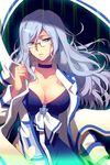  arm_up blue_eyes blue_hair breasts c.seryl choker glasses holding jacket large_breasts long_hair lowres open_mouth rimless_eyewear solo sword_girls 