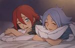  ahoge bad_id bad_pixiv_id bed blush closed_eyes fubuki_shirou green_eyes inazuma_eleven inazuma_eleven_(series) kiyama_hiroto male_focus mosako multiple_boys one_eye_closed open_mouth pillow red_hair smile white_hair 