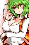  blush breast_lift breasts check_translation cleavage collarbone colored_eyelashes covered_nipples green_hair highres kazami_yuuka large_breasts red_eyes roki_(hirokix) short_hair solo sweatdrop touhou translated translation_request upper_body 