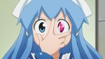  1girl blue_hair code_geass dress eyes geass hat ikamusume long_hair parody shinryaku!_ikamusume tentacle_hair 