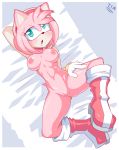  absurd_res amy_rose anthro blush boots bracelet breasts clothing eulipotyphlan female footwear fur gloves green_eyes hairband hand_behind_head hand_on_leg hedgehog hi_res jewelry lying mammal mostly_nude navel nipples on_back open_mouth pink_fur pussy solo sonic_(series) spread_legs spreading theironmountain 