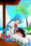  alternate_hairstyle bad_id bad_pixiv_id blue_hair bow braid brown_eyes brown_hair don9899 food fruit hair_bow hair_tubes hakurei_reimu hat highres hinanawi_tenshi leaf long_hair ocean open_mouth peach red_eyes short_sleeves smile solo touhou tree twin_braids very_long_hair yukkuri_shiteitte_ne 