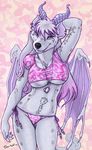  breasts canine caribou_(artist) claws clothed clothing demon dog_tags female horn looking_at_viewer mammal purple_eyes raised_arm sara_palmer skimpy solo succubus swimsuit tattoo teeth tight_clothing under_boob wings 