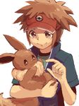  blush_stickers brown_eyes brown_hair carrying eevee gen_1_pokemon jacket karatou kyouhei_(pokemon) male_focus petting pokemon pokemon_(creature) pokemon_(game) pokemon_bw2 simple_background smile tegaki visor_cap white_background 