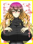  1girl bare_shoulders blonde_hair breast_suppress breasts female gradient_hair heart hearts highres hijiri_byakuren huge_breasts long_hair multicolored_hair orange_hair purple_hair solo sweater torii5011 torii_(artist) touhou translated upper_body yellow_eyes 