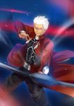  archer bow_(weapon) brown_eyes dark_skin dark_skinned_male fate/stay_night fate_(series) grey_eyes male_focus solo sunday31 weapon white_hair 