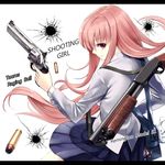  bullet bullet_hole finger_on_trigger gun handgun holding holding_gun holding_weapon letterboxed long_hair looking_back original pink_hair purple_eyes revolver school_uniform shotgun skirt solo takemori_shintarou taurus_raging_bull weapon 