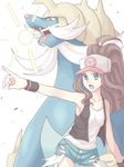  bare_shoulders baseball_cap blue_eyes brown_hair collarbone gen_5_pokemon hat open_mouth pointing pokemon pokemon_(creature) pokemon_(game) pokemon_bw ponytail samurott shorts simple_background sutera_(tegaki) tegaki touko_(pokemon) vest wristband 