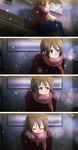  71 bench breath brown_hair closed_eyes coat comic hair_ornament hairclip hirasawa_yui k-on! mittens scarf scarf_over_mouth sitting snow solo 