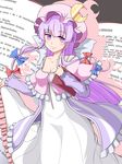  adapted_costume blush book breasts capelet cleavage collarbone crescent detached_sleeves german hat long_hair long_skirt long_sleeves nogisaka_kushio patchouli_knowledge purple_eyes purple_hair skirt small_breasts smile solo touhou very_long_hair 