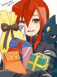  colored_eyelashes crying gen_2_pokemon gift grey_eyes handkerchief happy_birthday happy_tears jacket kumo_suzume long_hair male_focus pokemon pokemon_(creature) pokemon_special purple_eyes red_hair silver_(pokemon) smile sneasel tears tegaki 