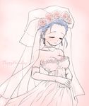  bare_shoulders blue_hair blush breasts bridal_veil chiru choker cleavage closed_eyes dragon_quest dragon_quest_v dress earrings elbow_gloves flora flower gloves hair_flower hair_ornament hair_up jewelry medium_breasts rose smile solo strapless strapless_dress veil wedding_dress 