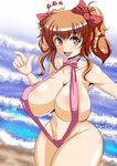  1girl beach bikini breasts brown_eyes cake curvy female food hair_ornament hair_ribbon highres hips huge_breasts idolmaster idolmaster_cinderella_girls moroboshi_kirari mound_of_venus navel ocean open_mouth orange_hair outdoors pink_bikini ribbon ribbons short_hair sling_bikini solo standing summer swimsuit thighs torii5011 torii_(artist) twintails wide_hips 