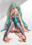  barefoot feet green_eyes green_hair hatsune_miku highres long_hair necktie okaya panties pantyshot pantyshot_(sitting) sitting skirt soles solo striped striped_panties thighhighs toeless_legwear toenail_polish toenails toes twintails underwear very_long_hair vocaloid 