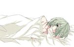 bed_sheet collarbone crying green_eyes green_hair hug_(yourhug) short_hair soga_no_tojiko solo tears touhou white_background 