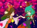  aqua_hair arm_ribbon ascot bad_id bad_pixiv_id bow brown_eyes closed_eyes detached_sleeves front_ponytail green_hair hair_bow hair_ornament hair_ribbon hair_tubes hakurei_reimu happy holding_hands kagiyama_hina leaf long_hair multiple_girls ribbon sawayaka_samehada short_sleeves smile touhou wide_sleeves 