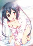  all_fours bare_shoulders barefoot bent_over black_hair blush breasts brown_eyes k-on! kashi kneeling nakano_azusa nipples open_clothes open_mouth open_shirt round_teeth shirt small_breasts teeth twintails 