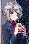  against_wall blood blood_bag blue_eyes blush bow commentary drinking drinking_straw eyepatch grey_hair holding iri_flina leaning lowres masinhwangje ribbon short_hair solo sword_girls vampire 