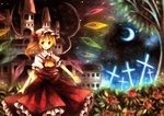  ascot bad_id bad_pixiv_id blonde_hair bow castle crescent cross crystal flandre_scarlet flower hat hat_bow leaf night open_mouth plant puffy_sleeves red_eyes rose short_hair short_sleeves side_ponytail solo standing star touhou tree wings wiriam07 