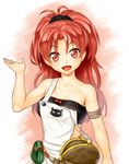  :d apron armlet atelier_(series) atelier_ayesha bare_shoulders breasts long_hair looking_at_viewer marietta_muir onsoku_maru open_mouth ponytail red_eyes red_hair simple_background small_breasts smile solo strap_slip strapless tubetop wide_ponytail 