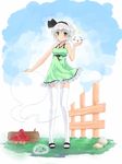  alternate_costume blush_stickers contemporary fence frills grass green_hair hair_ribbon hairband hitodama konpaku_youmu konpaku_youmu_(ghost) mushiboy mushroom ribbon rock silver_hair solo thighhighs touhou wood 