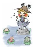  animal blonde_hair blush_stickers closed_eyes eyes frog goma_(gomasamune) grass hat highres lily_pad long_sleeves moriya_suwako open_mouth rock short_hair solo standing touhou twig water wide_sleeves 