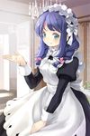  apron braid chandelier comet_(teamon) green_eyes hair_ribbon light_smile long_hair lowres maid maid_headdress open_mouth outstretched_hand purple_hair ribbon seron smile solo sword_girls twin_braids 