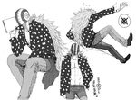  1boy fringe hand_on_hip helmet hips killer_(one_piece) long_hair lowres male male_focus monochrome multiple_views muscle one_piece open_clothes open_shirt polka_dot polka_dot_shirt sash shirt sitting solo white_background 