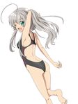  ass barefoot competition_swimsuit from_behind green_eyes haiyore!_nyaruko-san long_hair looking_back nyarlathotep_(nyaruko-san) one-piece_swimsuit one_eye_closed rumia_(compacthuman) silver_hair swimsuit 